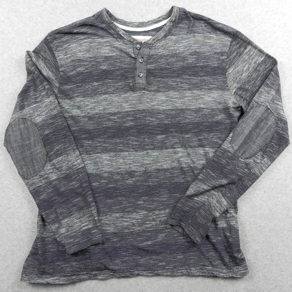 Hudson & Barrow Henley Shirt Mens Large Casual Cotton Gray Striped Long Sleeve